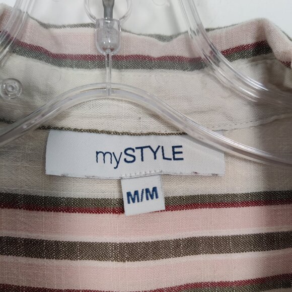 My STYLE Women's Shirt Size M Striped White Green Tie Cotton Viscose Casual Chic - Picture 2 of 8